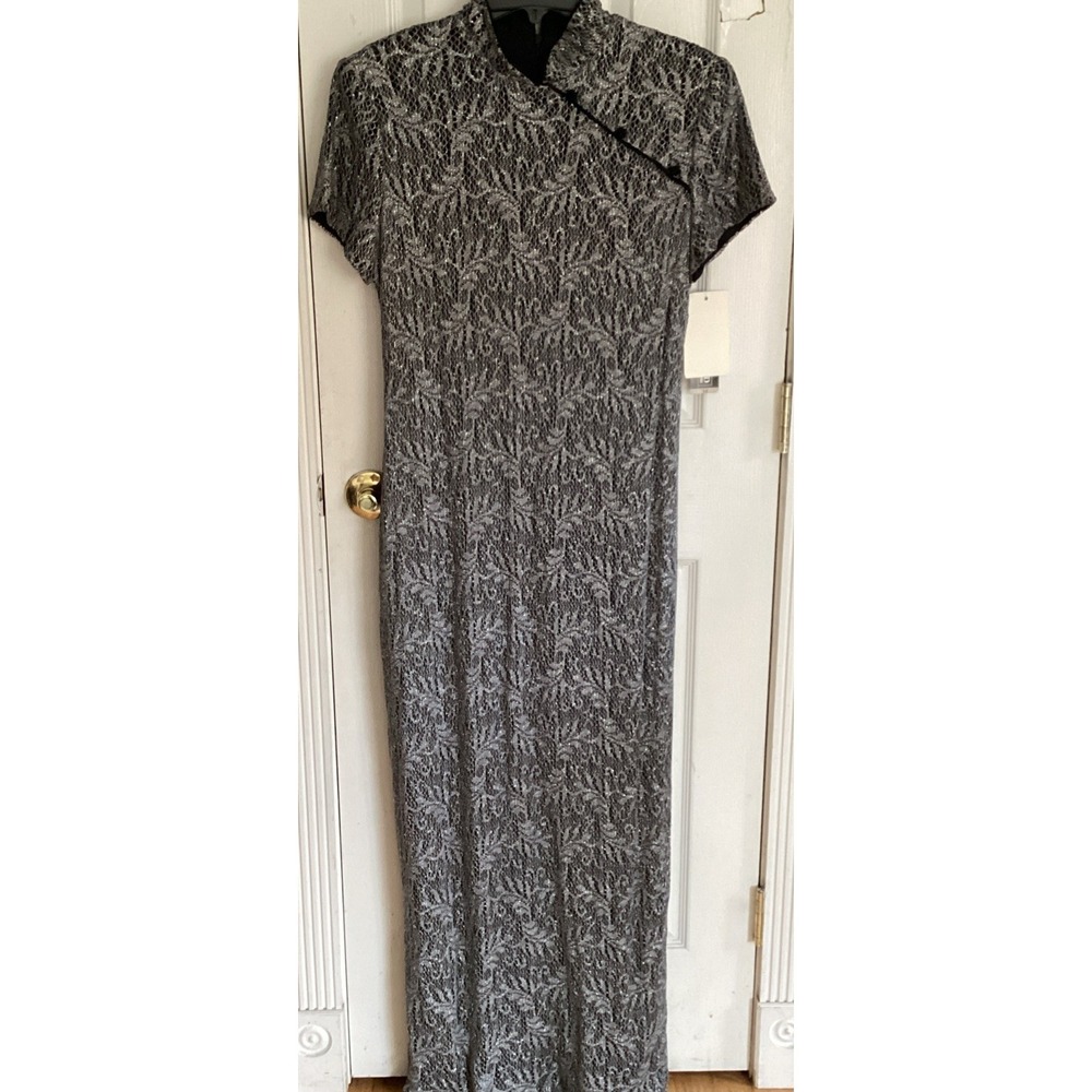 Vtg Jessica Howard Metallic Silver And Black Lace Maxi Dress Size 14 NWT